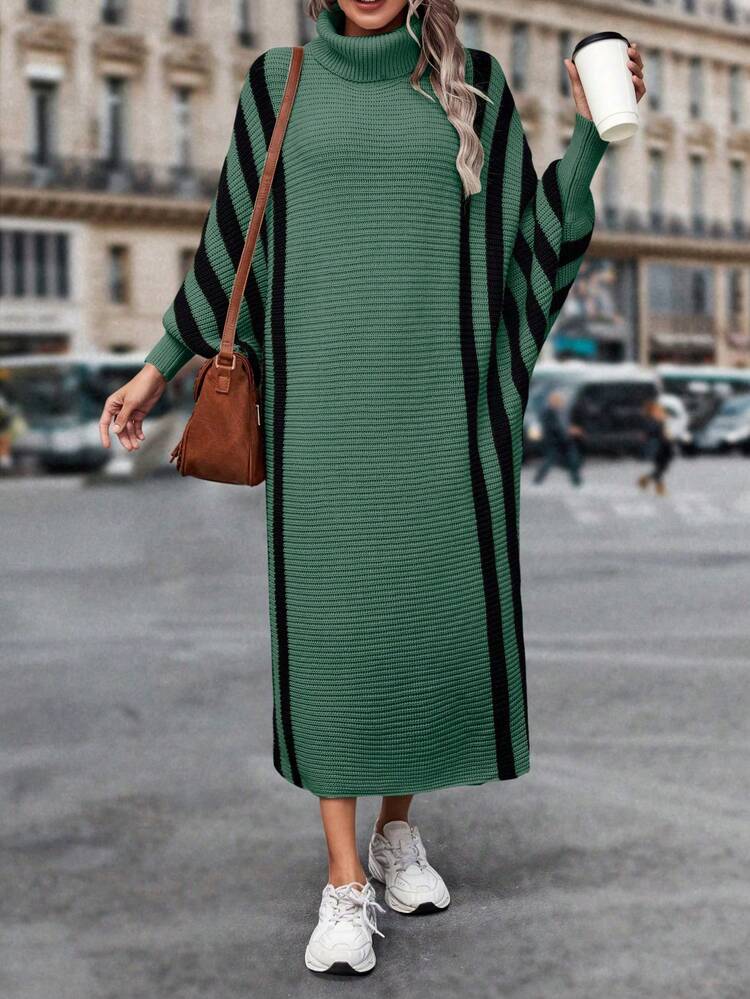 Women's High Neck Stripe Batwing Sleeve Sweater Dress Fall Cloth For Women