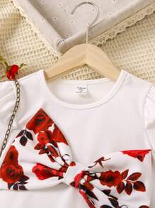 SHEIN Young Girl Flower Pattern Bow Decoration Two-Piece Set - Red and White - View 4