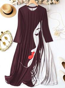 Calvaya 大尺碼女款抽像人物印花長袖連身裙 - 酒紅色 - 查看 1