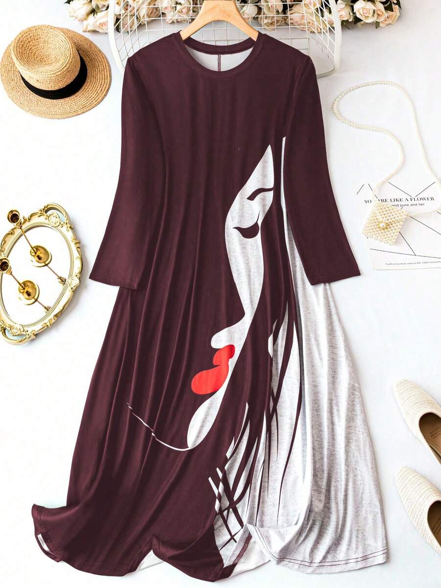 Calvaya 大尺碼女款抽像人物印花長袖連身裙 - 酒紅色 - 查看 1