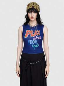 ROMWE Street Life Neon Text Print Slim Fit Crop Top Sleeveless Shirt