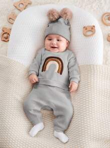 SHEIN Baby Boy Three-Color Rainbow Embroidery Round Neck Sweatshirt And Pants Set - Light Grey - View 1