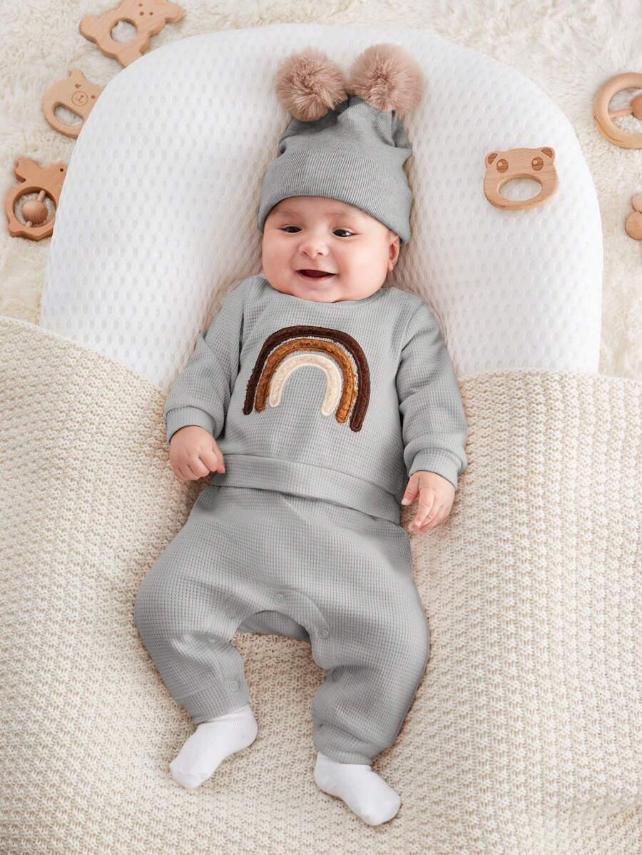SHEIN Baby Boy Three-Color Rainbow Embroidery Round Neck Sweatshirt And Pants Set - Light Grey - View 1