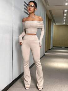SHEIN Unity Off-shoulder Cropped Sweater And Wide-leg Knitted Pants Set - Apricot - View 5
