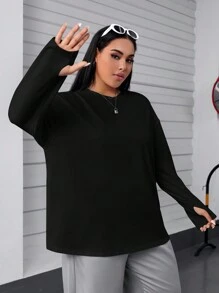 SHEIN EZwear Plus Size Solid Color Drop Shoulder T-Shirt - Black - View 5