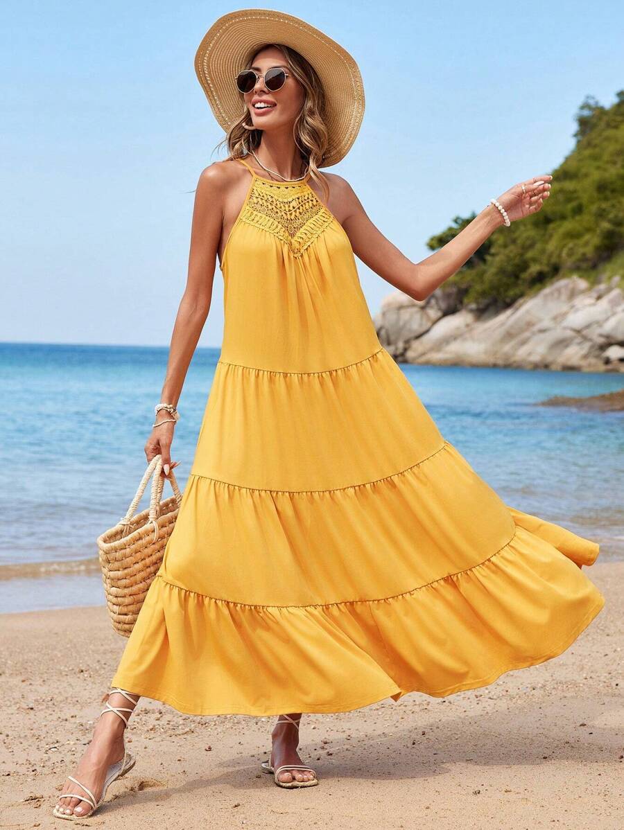 SHEIN VCAY Vestido Con Dobladillo Con Volantes Y Cuello Halter Con Empalme De Encaje Para Mujer - Amarillo - Ver 1