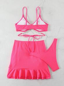 DAZY Tied & Rhinestone Decor Drawstring Solid Color Bikini Set Valentine For Summer Beach Vacation,Ruffle,Tankini Bathing Suit - Hot Pink - View 4
