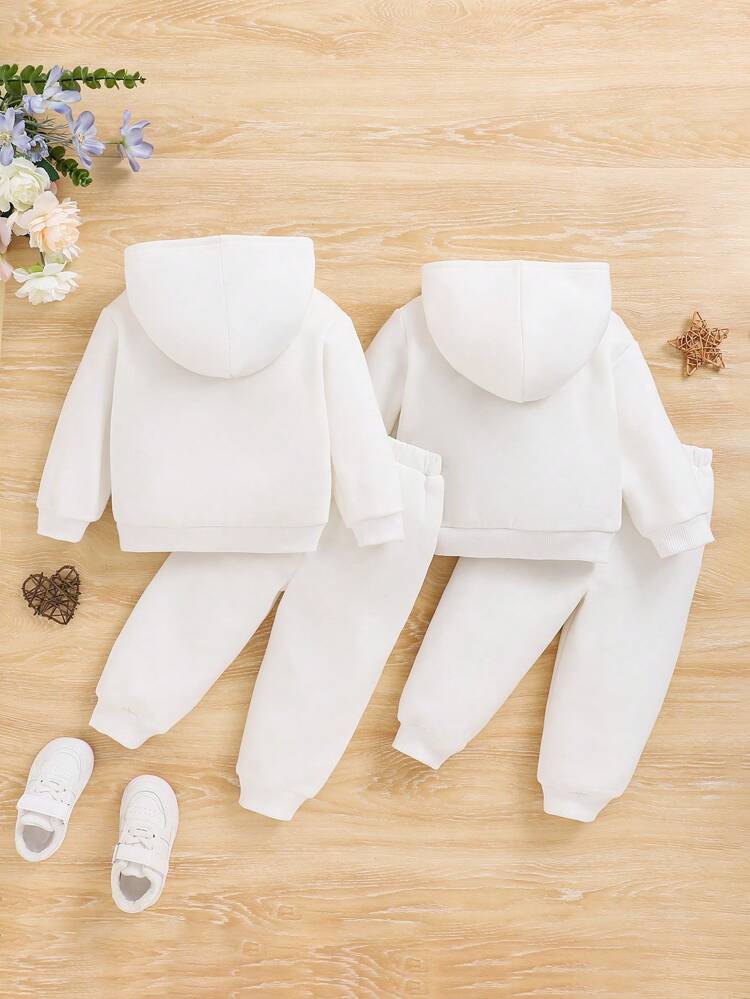 4pcs Toddler Girls' Twin Bacon & Egg Printed Long Sleeve Hoodie And Pants Set