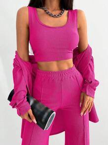 EURMUSE Solid Drop Shoulder Button Up Shirt With Trousers - Pink - View 4