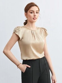 BizChic 女士纯色圆领泡泡袖缎面短袖褶皱衬衫，优雅办公室衬衫，商务休闲上衣，正式女士衬衫