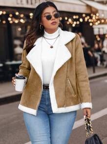 Calvaya Plus Size Women's Color Block Stand Collar Moto Jacket - Khaki - View 1