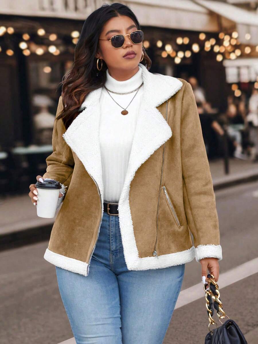 Calvaya Plus Size Women's Color Block Stand Collar Moto Jacket - Khaki - View 1