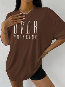 Flirla Drop Shoulder Letter Embroidery Top Graphic Tees Women Tops - Coffee Brown - View 5