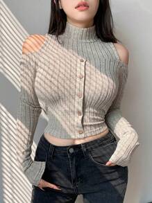 Dazy Designer Camiseta de manga larga acanalada con hombros descubiertos para mujer, top corto con hombros descubiertos - Gris - Ver 6