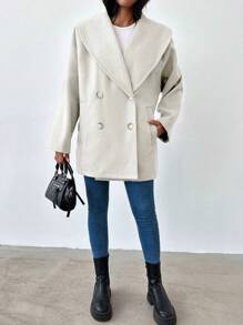 RueChic Waterfall Collar Double Breasted Overcoat - Beige - View 3