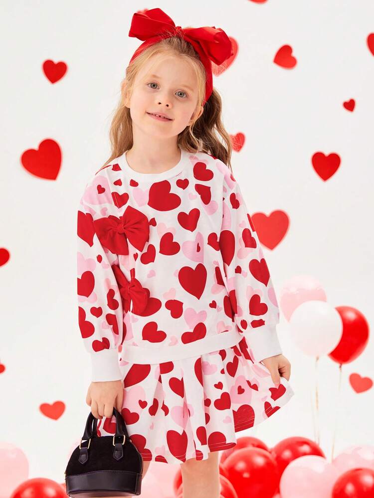 Young Girl Heart & Bowknot Decor Long Sleeve Top & Skirt Two-Piece Set For Autumn And Winter