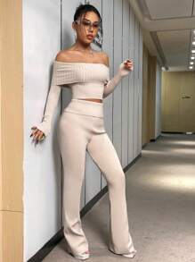 SHEIN Unity Off-shoulder Cropped Sweater And Wide-leg Knitted Pants Set - Apricot - View 3
