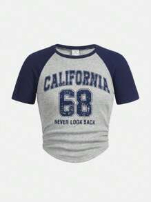 SHEIN Girlism 青少女針織拼接字母圖案休閒百搭褶皺t恤 - 彩色 - 查看 2