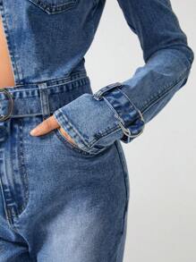 Samanta X Cold Shoulder Pocket Patched Ripped Denim Jumpsuit