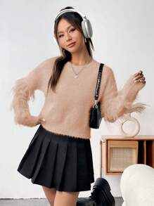 SHEIN Unity Women's Casual Solid Color Fringed Open-Front Sweater With Drop Shoulder Design Knit Pullover Fall Winter Sweater - Pink - View 5