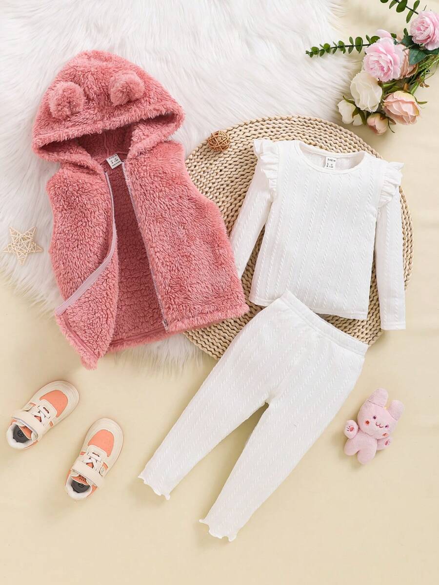 SHEIN 3pcs Em bé Cô gái Bộ Bao gồm Chi tiết Ruffle Tay áo dài Áo , 	
Fuzzy áo có mũ Áo vest Và Quần - Hồng - Xem 1