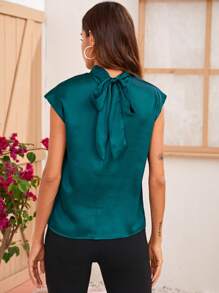 BizChic Crinkle Front Tie Back Batwing Sleeve Satin Top Workwear - Blue - View 2
