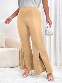 SHEIN Privé Pantaloni Da Donna Con Orlo Svasato E Fessura Con Perline Taglie Forti - Cachi - Visualizzare 6