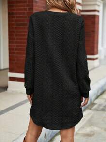SHEIN LUNE Women's Solid Color Knitted Jacquard Long Sleeve Dress - Black - View 2