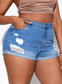 SHEIN SXY 加大碼破洞牛仔短褲