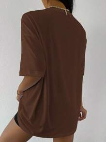 Flirla Drop Shoulder Letter Embroidery Top Graphic Tees Women Tops - Coffee Brown - View 2