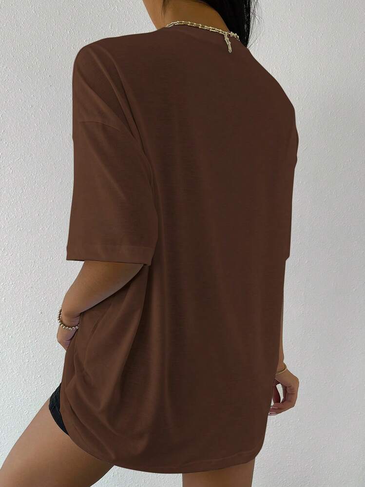 Flirla Drop Shoulder Letter Embroidery Top Graphic Tees Women Tops - Coffee Brown - View 2