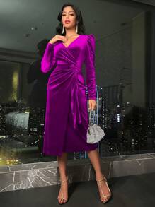 SHEIN Clasi 泡泡袖交叉包身絲絨連衣裙 - 中紫紅色 - 查看 5