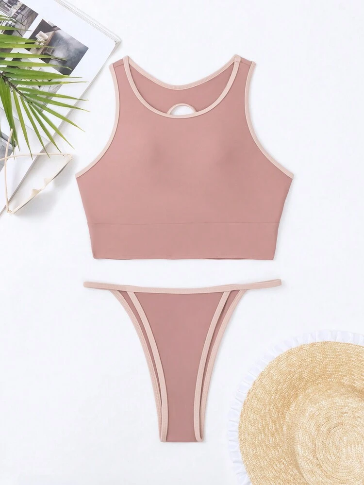 Summer Beach Contrast Binding Vest Style Tankini Set