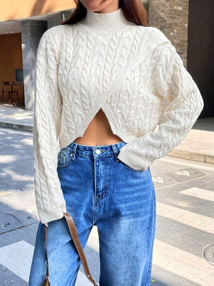 Cable Knitted High Neck Sweater With Asymmetrical Hem