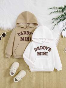 SHEIN Baby Girls' Hooded Sweatshirt Set With Letter Print And Thermal Lined - Brown - View 1