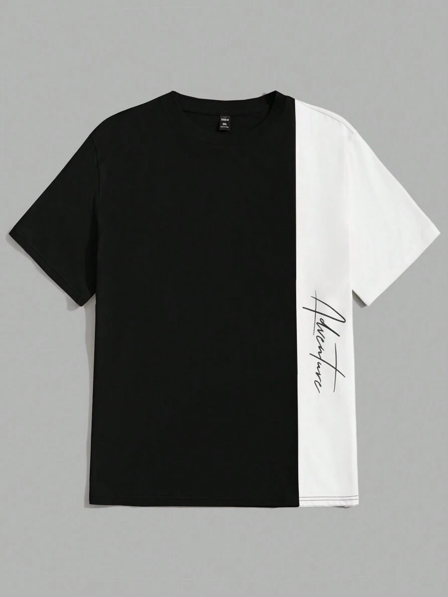 Manfinity VCAY Men Plus Letter Graphic Two Tone Tee - Black - View 1