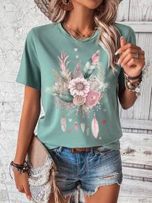SHEIN LUNE Casual Floral Print Round Neck Short Sleeve Fitted Ladies T-Shirt, Summer Suitable For Going Out