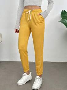SHEIN Cottnline Pantalones De Chándal De Cintura Con Cordón De Color Sólido Para Mujer - Amarillo - Ver 2