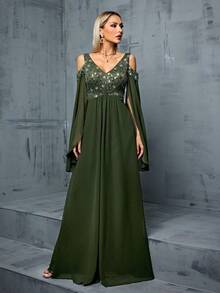 Sexy V-Neck Cold Shoulder Sequins Decorated Ruffle Long Sleeve Chiffon Dress - Olive Green - View 5