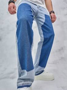 男士雙色直筒牛仔褲 - 藍色 - 查看 1