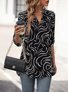 SHEIN LUNE Notched-Neckline Printed Top - Black - View 5