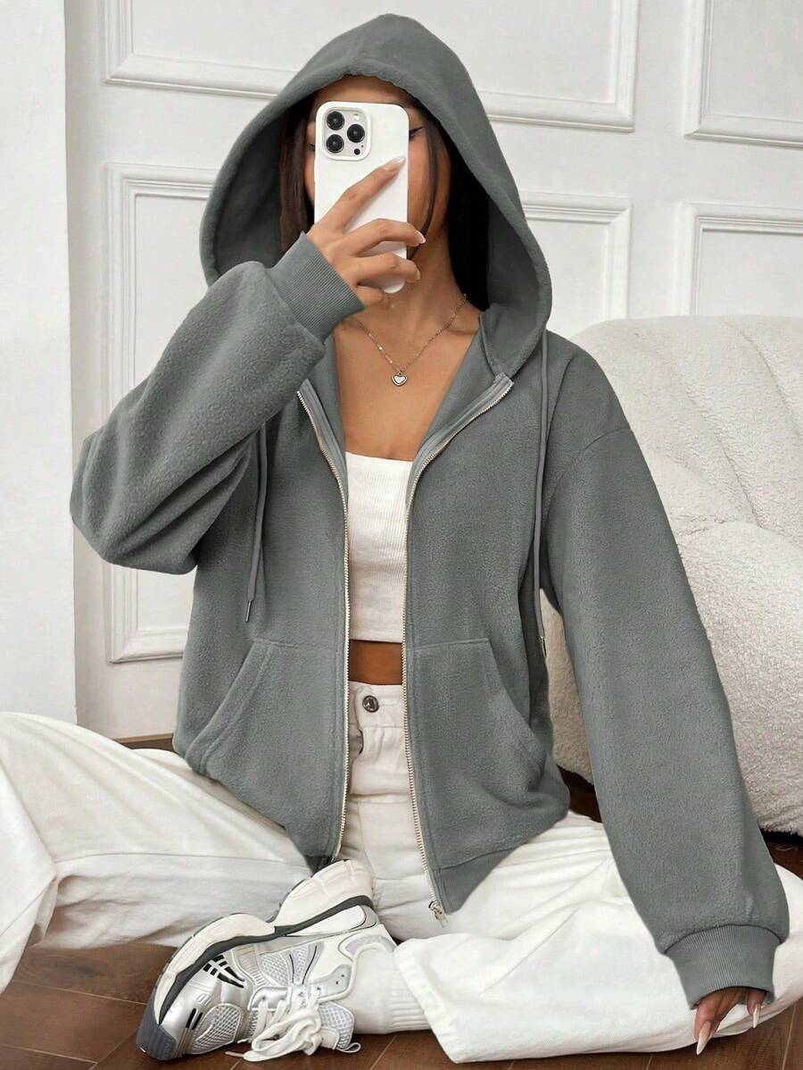 SHEIN EZwear 秋冬款拉链落肩抽绳连帽保暖内衬拉链夹克 - 灰色 - 查看 1