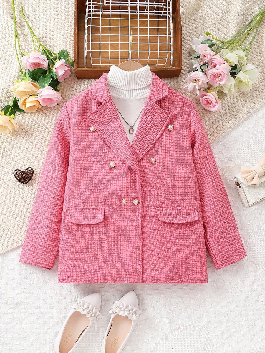 SHEIN Abrigo de lana grueso y elegante para niñas preadolescentes - Rosa Fucsia - Ver 1