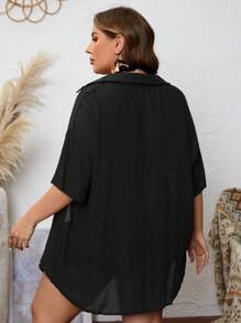 SHEIN Swim Curve Summer Beach Plus Size Drop Shoulder Shirt And Shorts Cover Up Set - Black - View 2