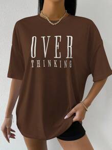Flirla Drop Shoulder Letter Embroidery Top Graphic Tees Women Tops - Coffee Brown - View 4