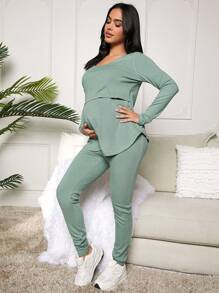 MaterniWear Conjunto De Enfermería De Pantalones Y Top De Manga Larga De Color Sólido De Maternidad