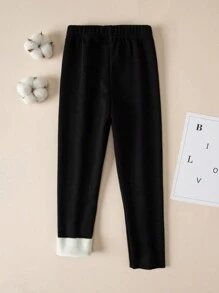 女小童字母圖案加絨內裏緊身打底褲 - 黑色 - 查看 3