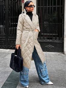 EURMUSE Women'S Belted Padded Coat With Double Pockets - Krem - View 3