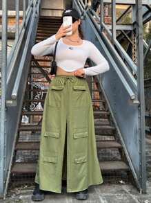 SHEIN EZwear 大碼高腰抽繩口袋A字半身裙帶前開衩 - 軍綠色 - 查看 5