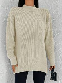 Cloudara Jersey de cuello alto de hombros caídos - Beis - Ver 3